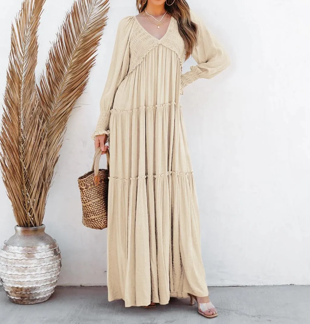 R.Vivimos Maxi Dress for Women Long Sleeve V Neck Empire Waist Layered Ruffle Boho Casual Flowy Long Dresses