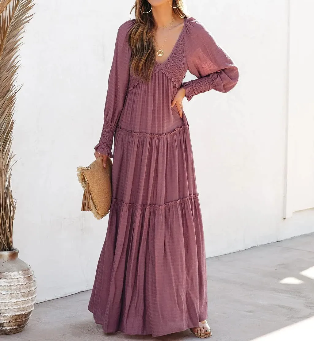 R.Vivimos Maxi Dress for Women Long Sleeve V Neck Empire Waist Layered Ruffle Boho Casual Flowy Long Dresses