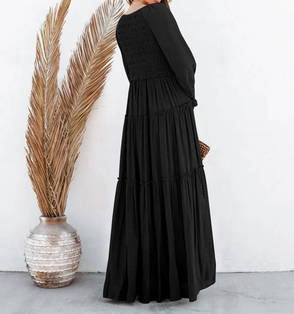 R.Vivimos Maxi Dress for Women Long Sleeve V Neck Empire Waist Layered Ruffle Boho Casual Flowy Long Dresses