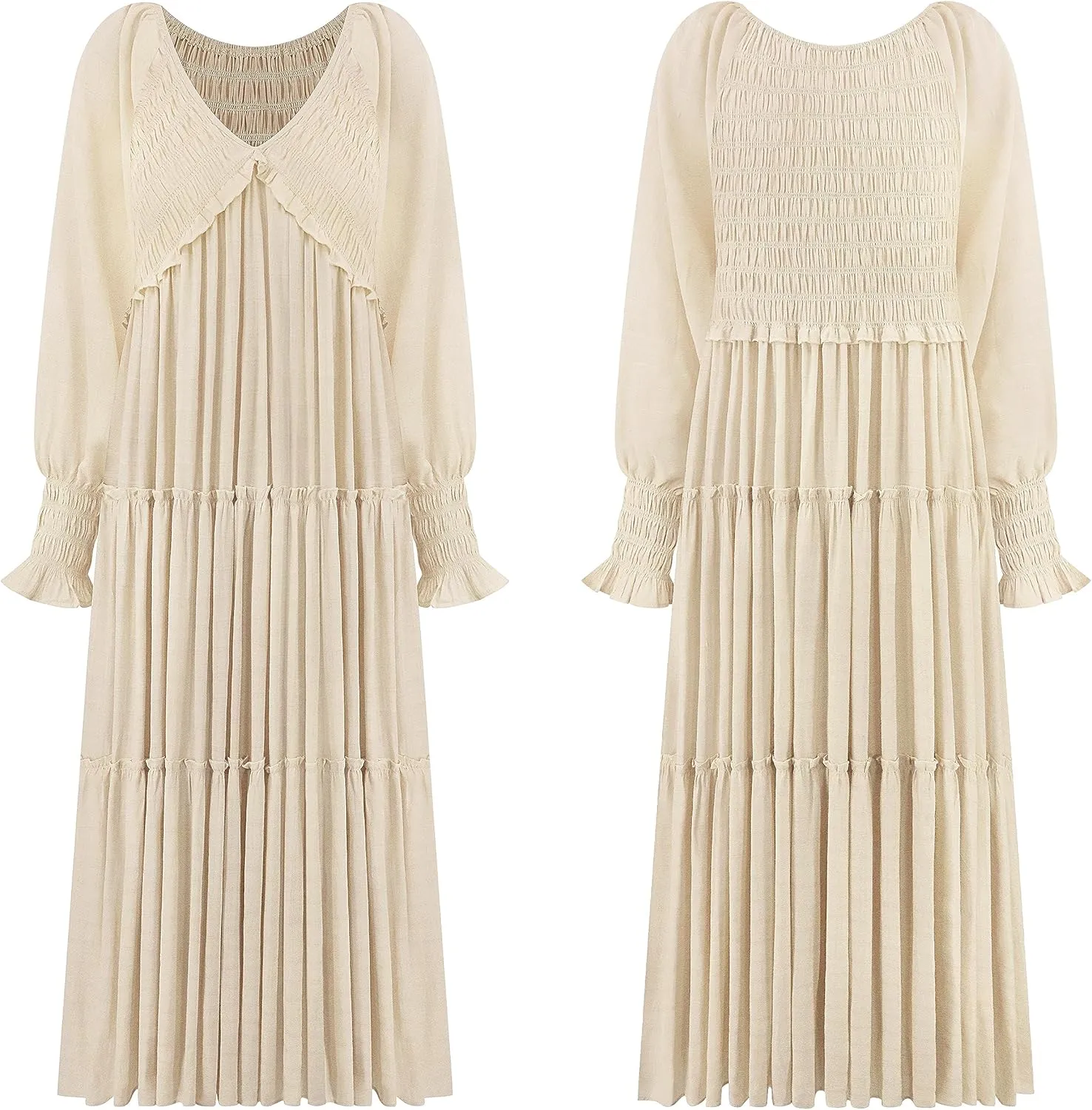 R.Vivimos Maxi Dress for Women Long Sleeve V Neck Empire Waist Layered Ruffle Boho Casual Flowy Long Dresses