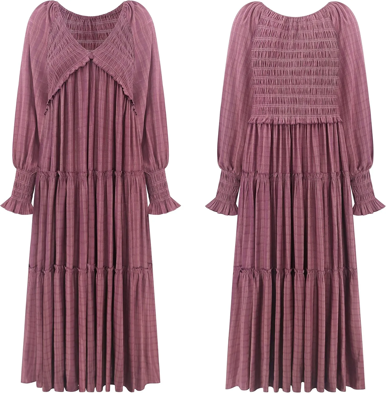 R.Vivimos Maxi Dress for Women Long Sleeve V Neck Empire Waist Layered Ruffle Boho Casual Flowy Long Dresses
