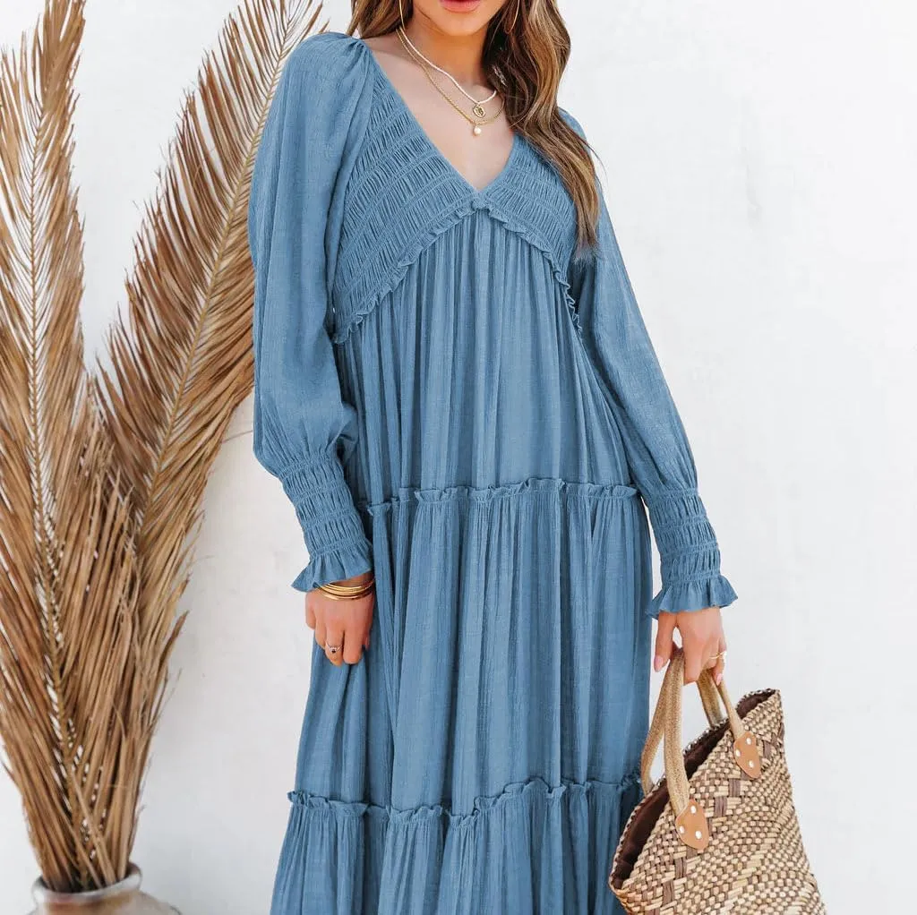 R.Vivimos Maxi Dress for Women Long Sleeve V Neck Empire Waist Layered Ruffle Boho Casual Flowy Long Dresses