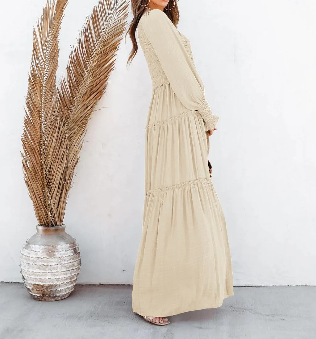 R.Vivimos Maxi Dress for Women Long Sleeve V Neck Empire Waist Layered Ruffle Boho Casual Flowy Long Dresses
