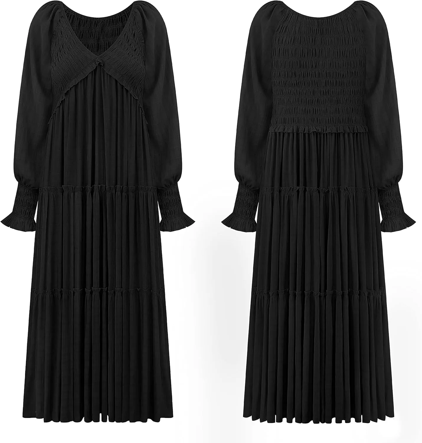 R.Vivimos Maxi Dress for Women Long Sleeve V Neck Empire Waist Layered Ruffle Boho Casual Flowy Long Dresses