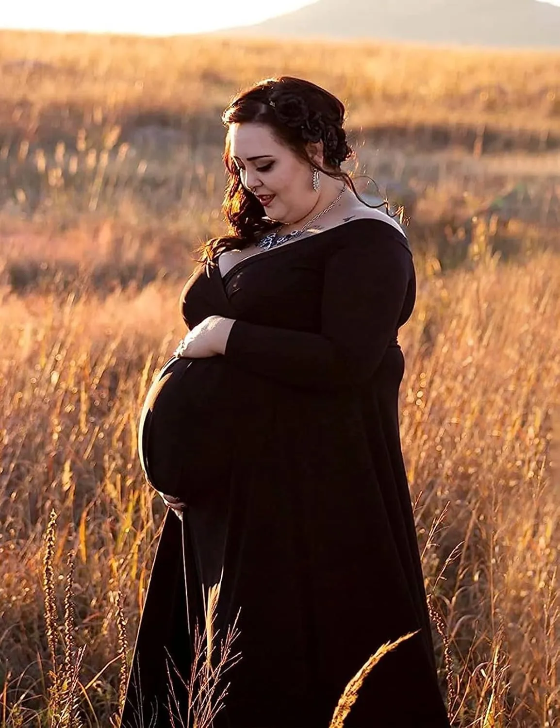 Saslax Maternity Off Shoulders Half Circle Gown for Baby Shower Photo Props Dress