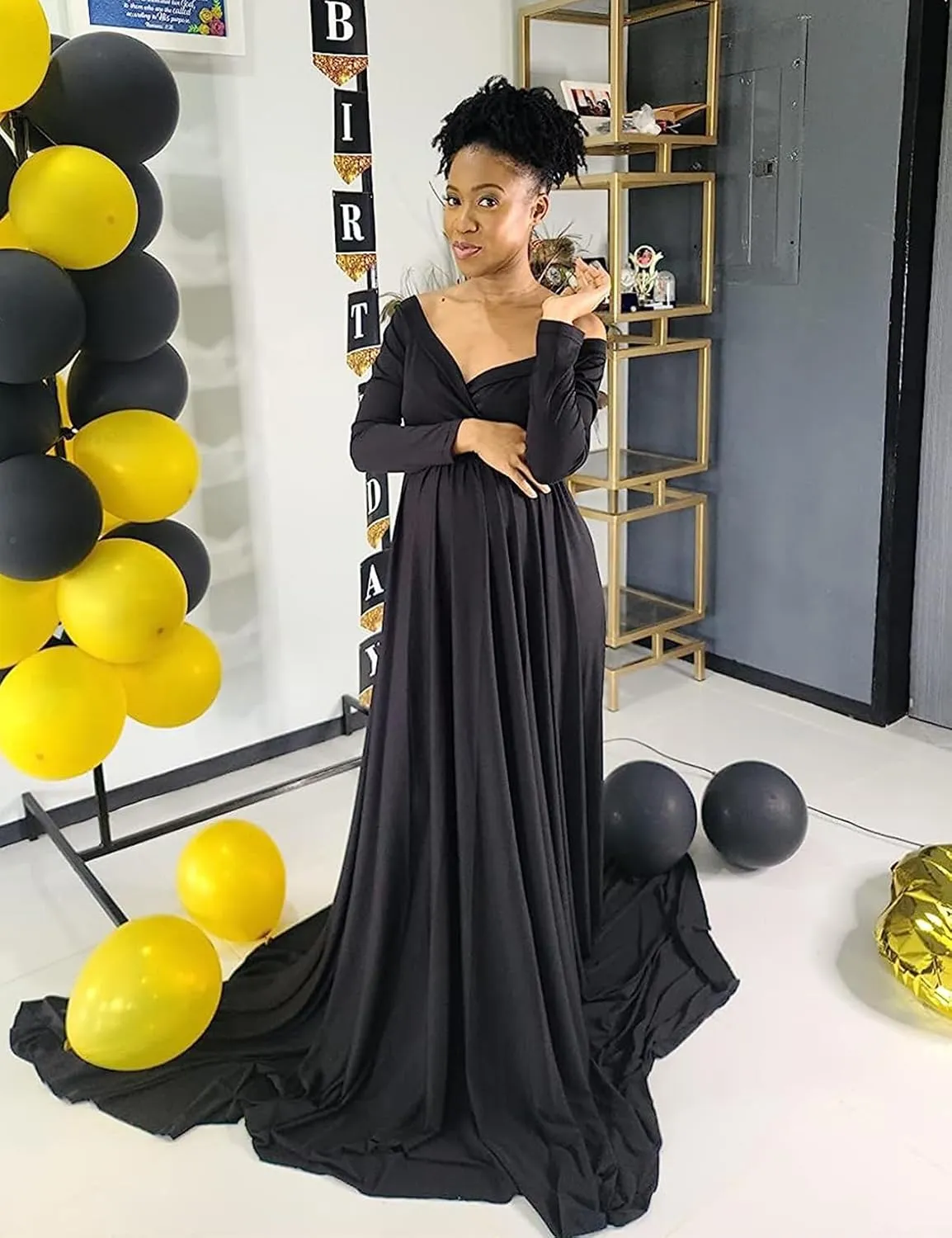 Saslax Maternity Off Shoulders Half Circle Gown for Baby Shower Photo Props Dress