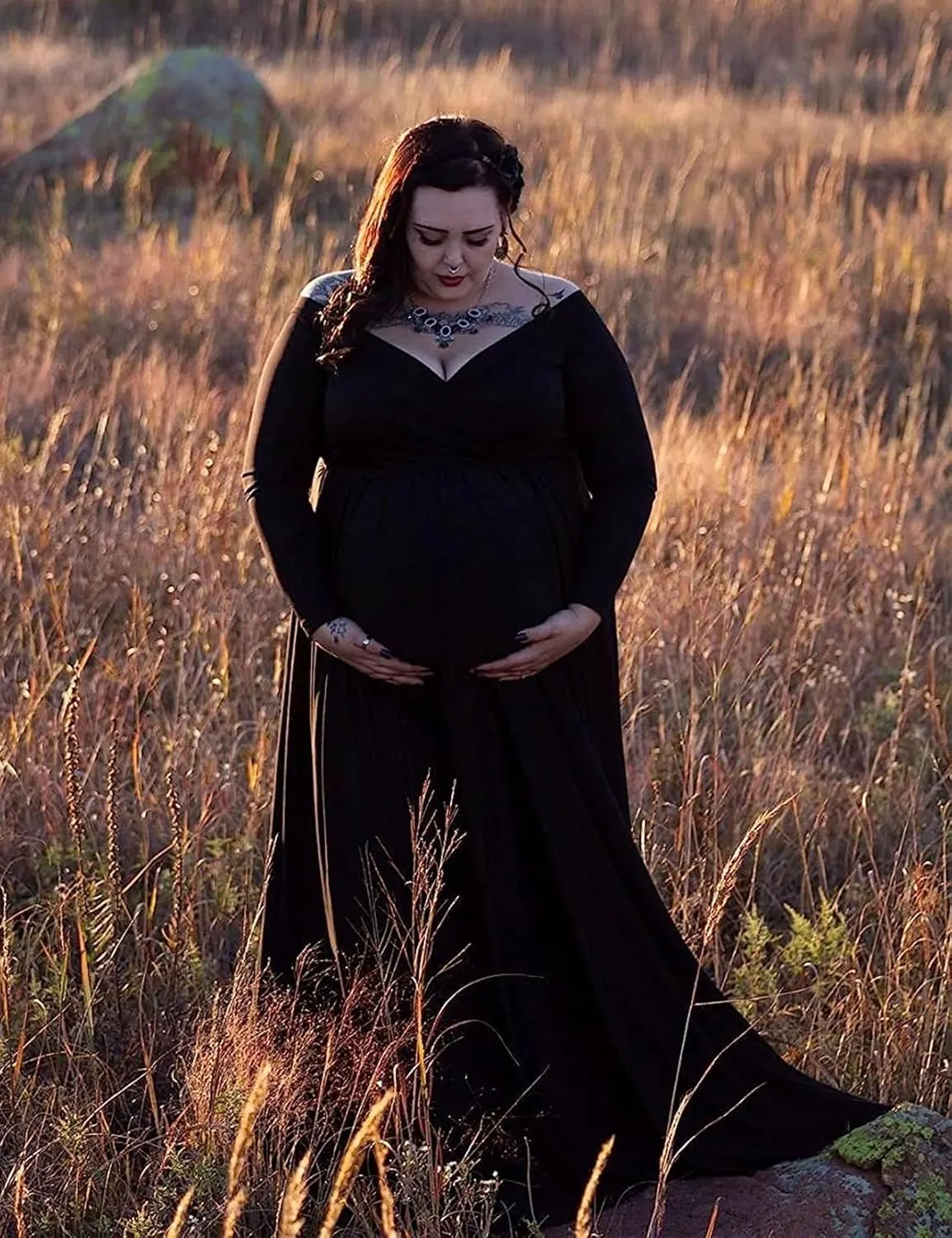 Saslax Maternity Off Shoulders Half Circle Gown for Baby Shower Photo Props Dress