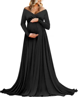 Saslax Maternity Off Shoulders Half Circle Gown for Baby Shower Photo Props Dress