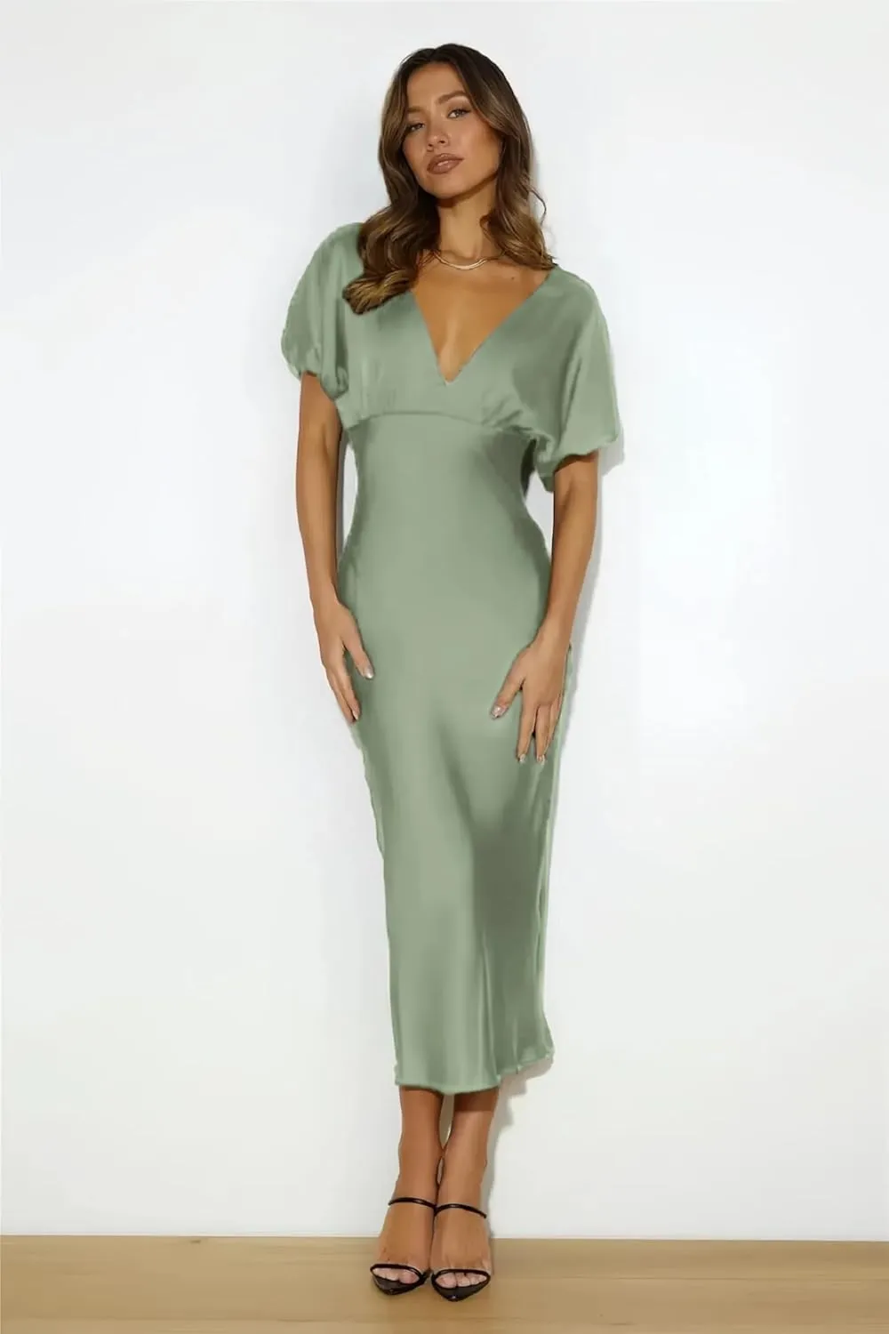 Satin V Neck Puffy Sleeves Silk Midi Dresses Empire Waist Elegant Tie Back Formal Cocktail Dress for Women Wedding Guest