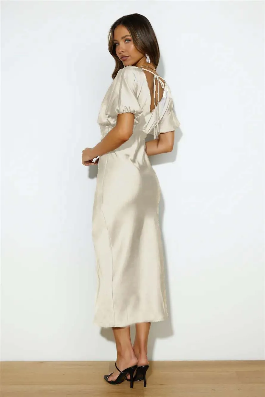 Satin V Neck Puffy Sleeves Silk Midi Dresses Empire Waist Elegant Tie Back Formal Cocktail Dress for Women Wedding Guest