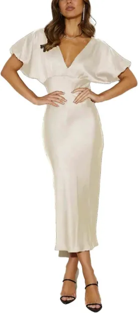 Satin V Neck Puffy Sleeves Silk Midi Dresses Empire Waist Elegant Tie Back Formal Cocktail Dress for Women Wedding Guest