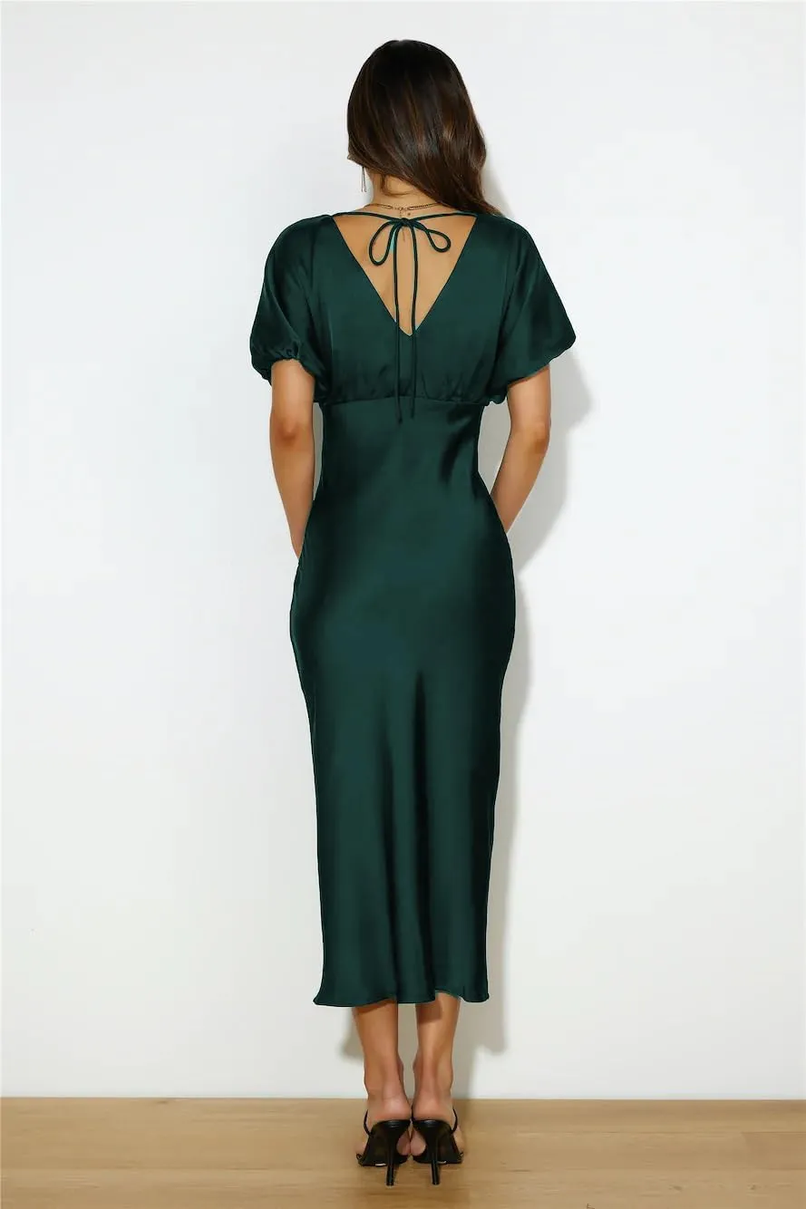 Satin V Neck Puffy Sleeves Silk Midi Dresses Empire Waist Elegant Tie Back Formal Cocktail Dress for Women Wedding Guest