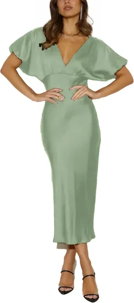 Satin V Neck Puffy Sleeves Silk Midi Dresses Empire Waist Elegant Tie Back Formal Cocktail Dress for Women Wedding Guest