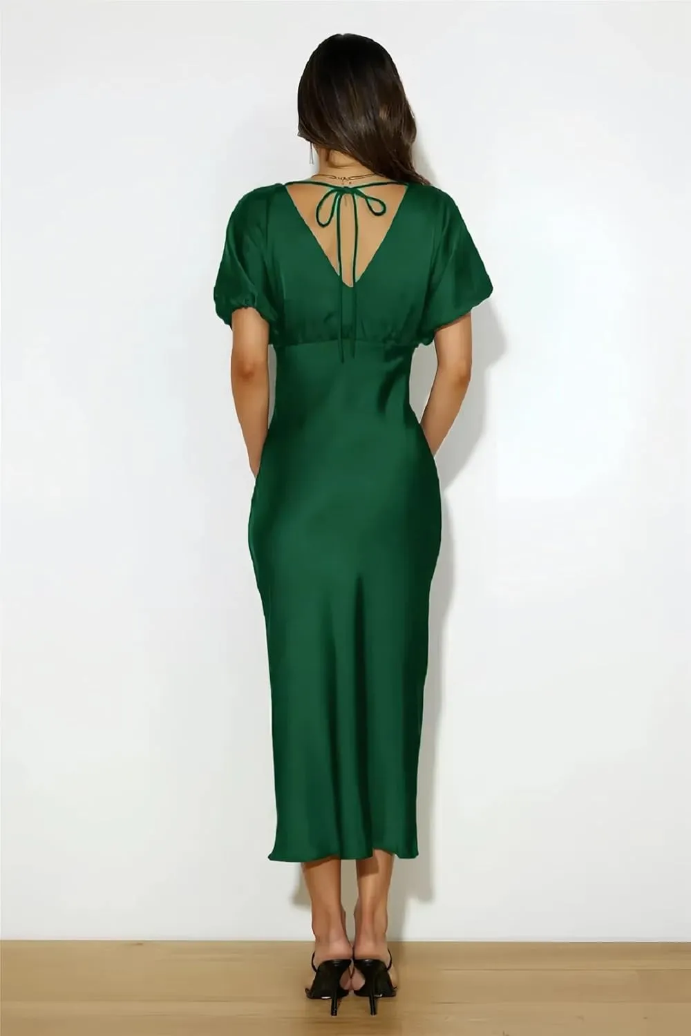 Satin V Neck Puffy Sleeves Silk Midi Dresses Empire Waist Elegant Tie Back Formal Cocktail Dress for Women Wedding Guest