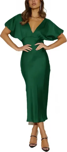 Satin V Neck Puffy Sleeves Silk Midi Dresses Empire Waist Elegant Tie Back Formal Cocktail Dress for Women Wedding Guest