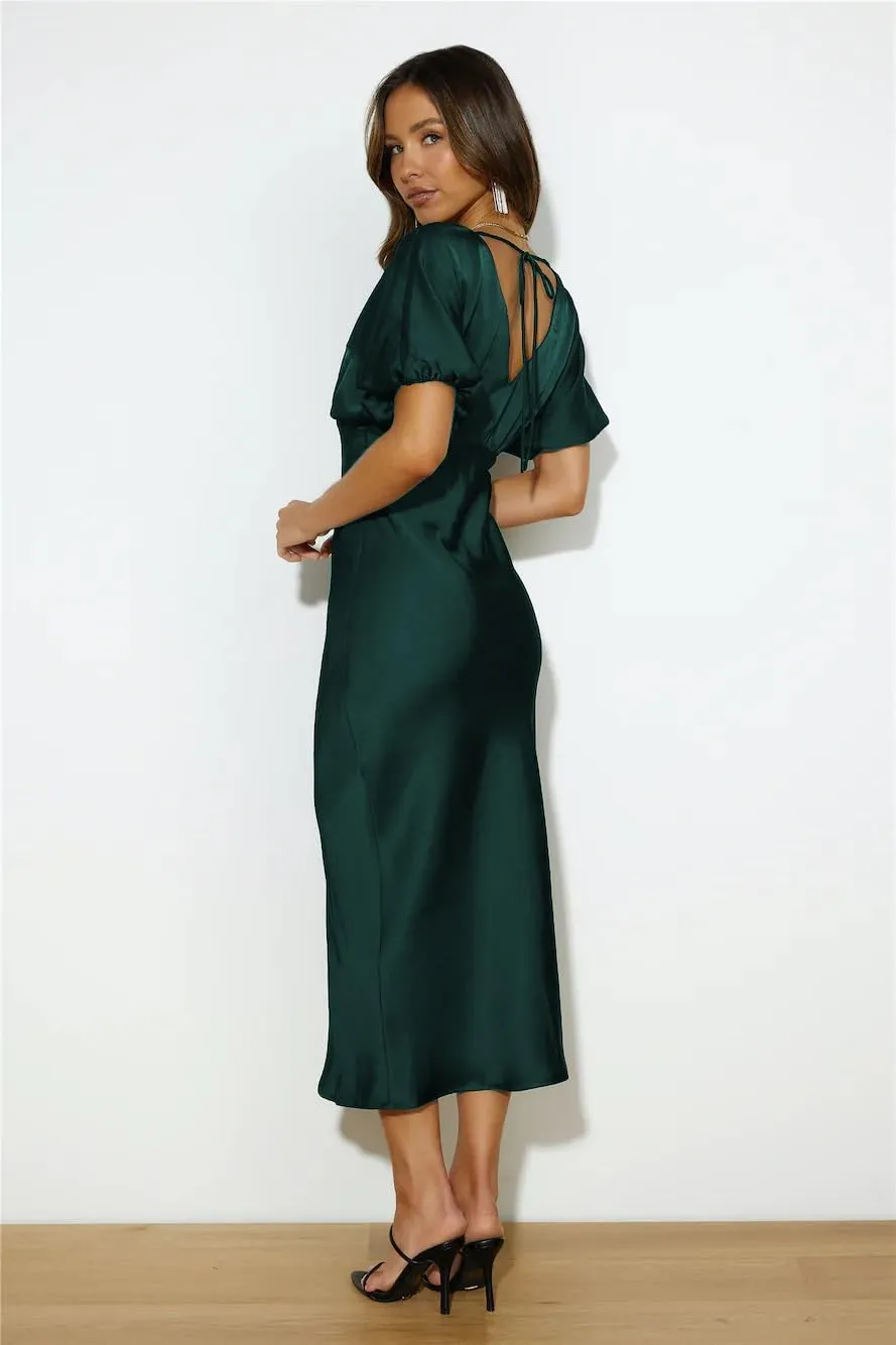 Satin V Neck Puffy Sleeves Silk Midi Dresses Empire Waist Elegant Tie Back Formal Cocktail Dress for Women Wedding Guest