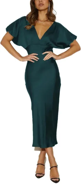 Satin V Neck Puffy Sleeves Silk Midi Dresses Empire Waist Elegant Tie Back Formal Cocktail Dress for Women Wedding Guest