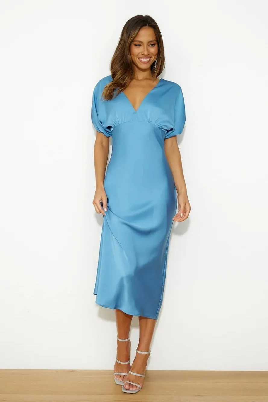 Satin V Neck Puffy Sleeves Silk Midi Dresses Empire Waist Elegant Tie Back Formal Cocktail Dress for Women Wedding Guest