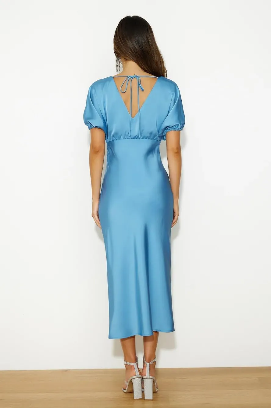 Satin V Neck Puffy Sleeves Silk Midi Dresses Empire Waist Elegant Tie Back Formal Cocktail Dress for Women Wedding Guest