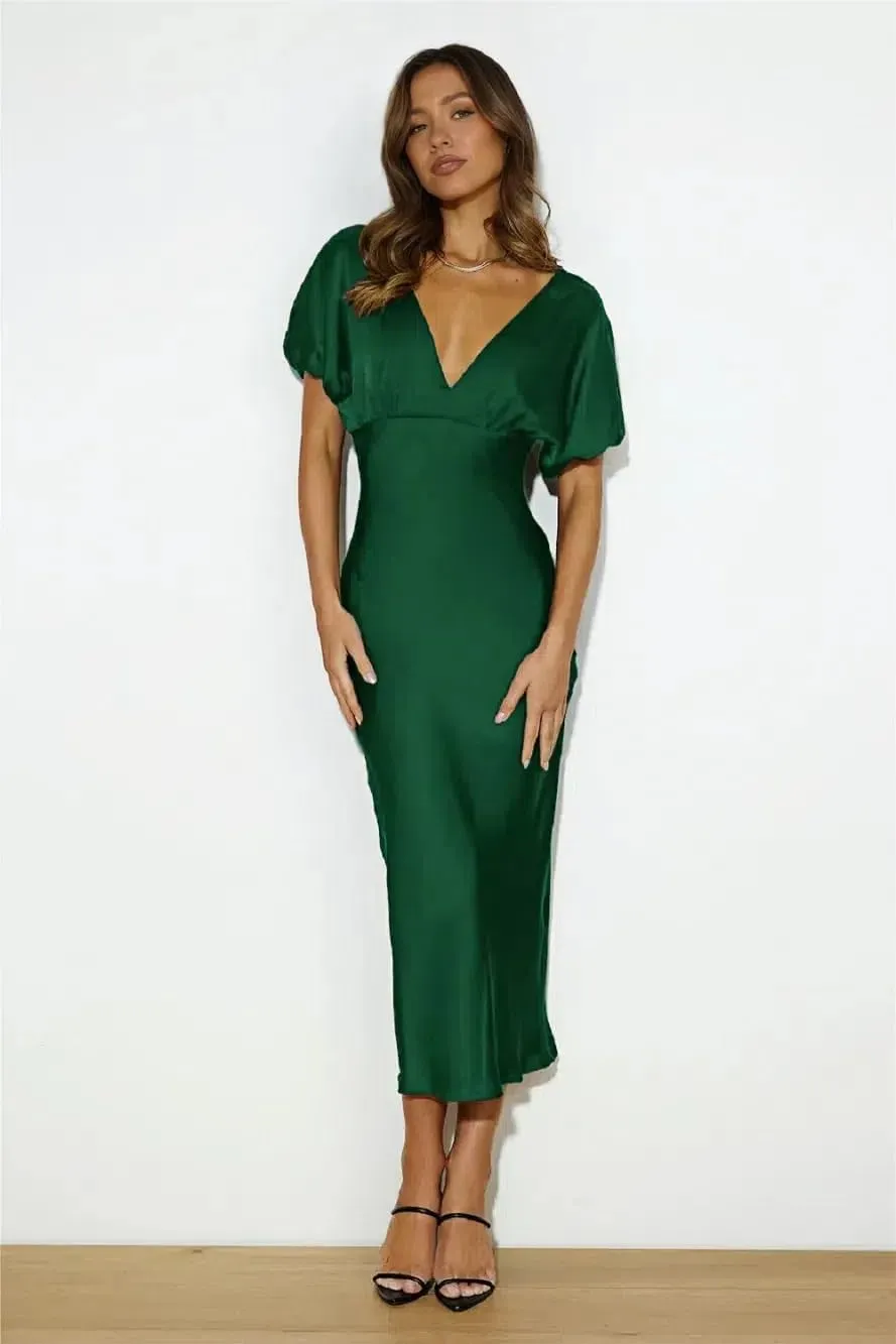 Satin V Neck Puffy Sleeves Silk Midi Dresses Empire Waist Elegant Tie Back Formal Cocktail Dress for Women Wedding Guest