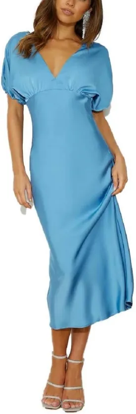 Satin V Neck Puffy Sleeves Silk Midi Dresses Empire Waist Elegant Tie Back Formal Cocktail Dress for Women Wedding Guest