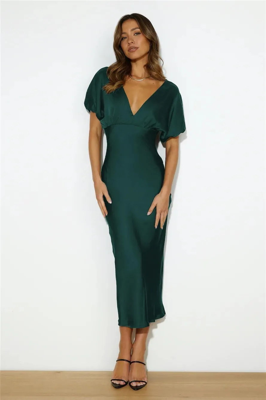 Satin V Neck Puffy Sleeves Silk Midi Dresses Empire Waist Elegant Tie Back Formal Cocktail Dress for Women Wedding Guest