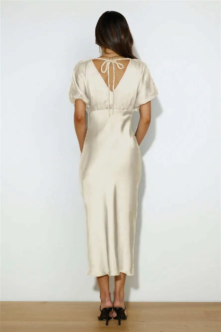 Satin V Neck Puffy Sleeves Silk Midi Dresses Empire Waist Elegant Tie Back Formal Cocktail Dress for Women Wedding Guest