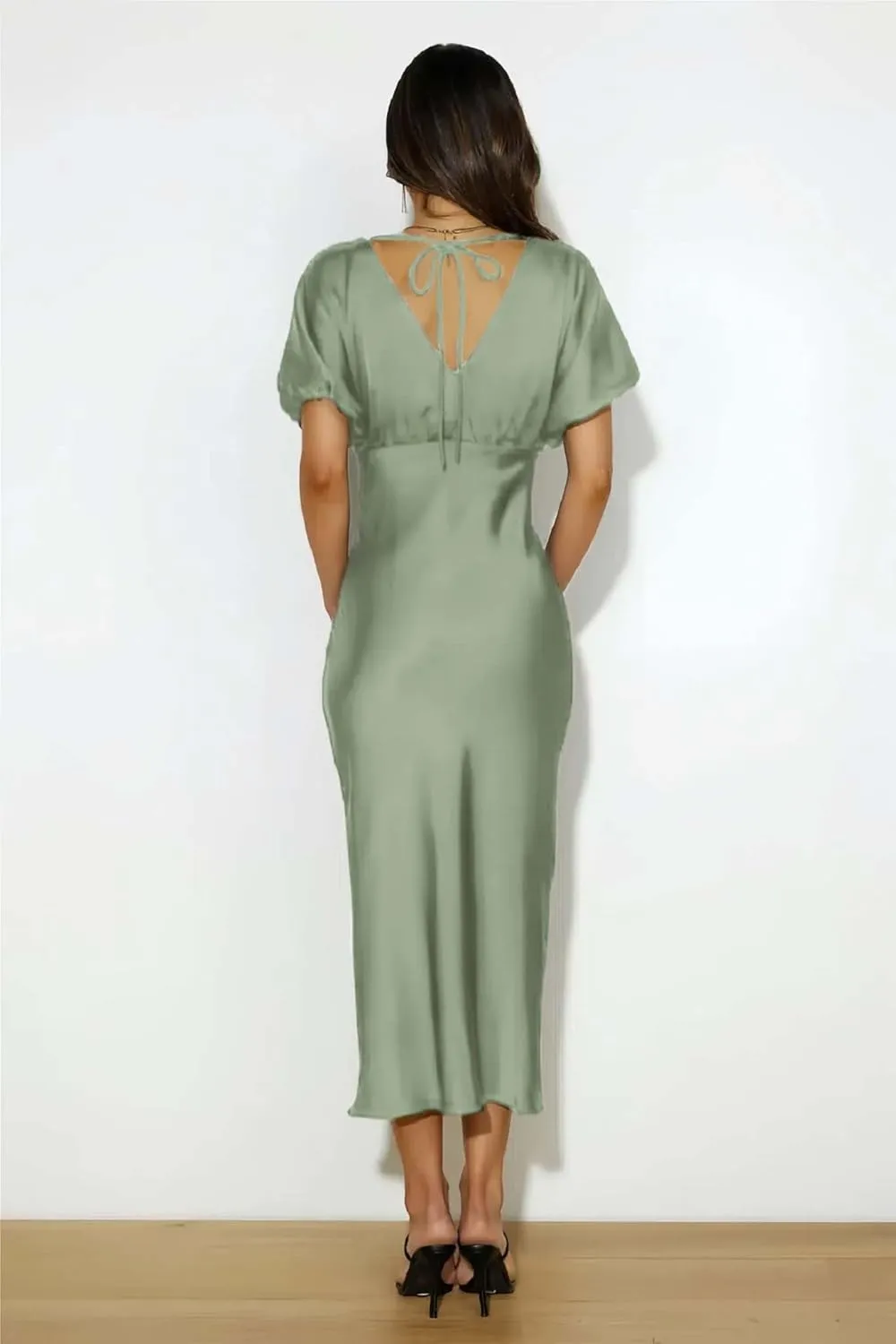 Satin V Neck Puffy Sleeves Silk Midi Dresses Empire Waist Elegant Tie Back Formal Cocktail Dress for Women Wedding Guest