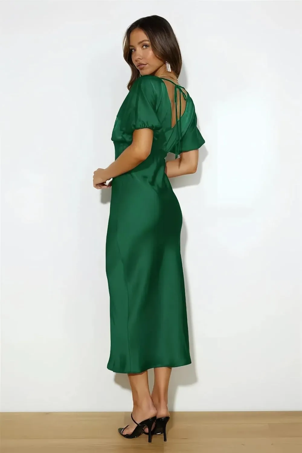 Satin V Neck Puffy Sleeves Silk Midi Dresses Empire Waist Elegant Tie Back Formal Cocktail Dress for Women Wedding Guest