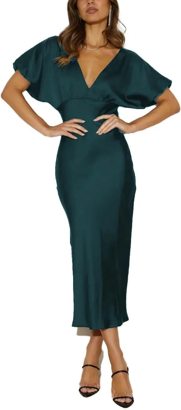 Satin V Neck Puffy Sleeves Silk Midi Dresses Empire Waist Elegant Tie Back Formal Cocktail Dress for Women Wedding Guest