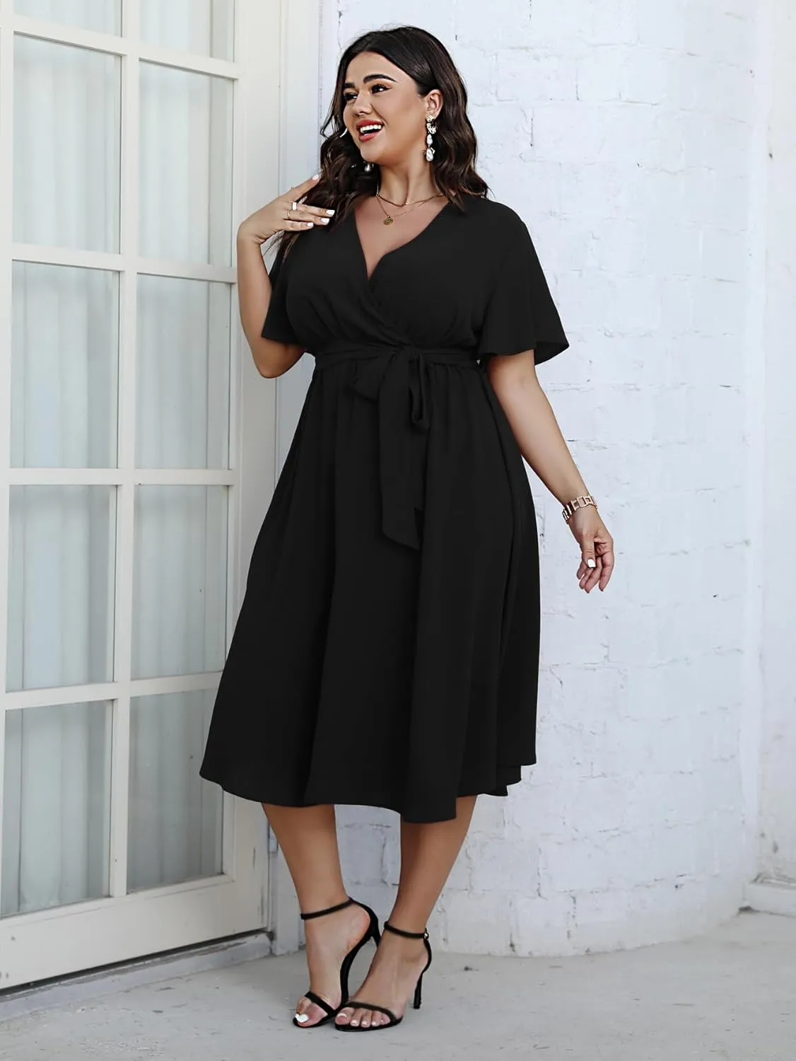 SCOMCHIC Womens Plus Size Wedding Guest Cocktail Midi Dress Summer Short Sleeve Wrap V Neck Belted A-Line Flowy Dress
