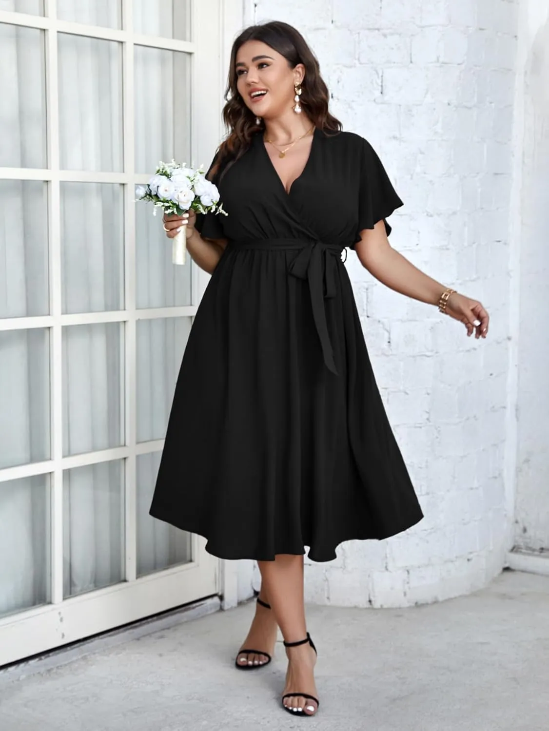 SCOMCHIC Womens Plus Size Wedding Guest Cocktail Midi Dress Summer Short Sleeve Wrap V Neck Belted A-Line Flowy Dress