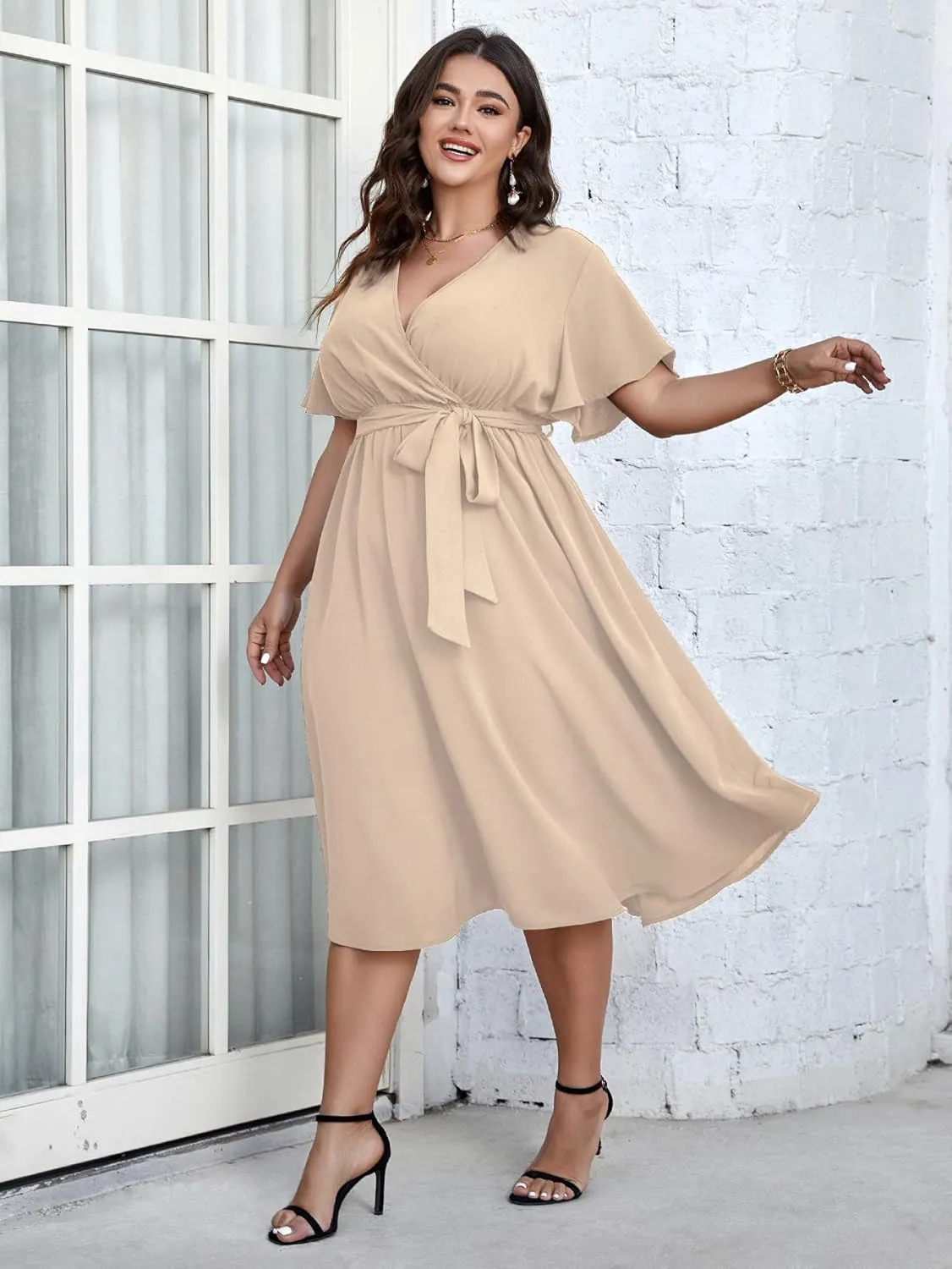 SCOMCHIC Womens Plus Size Wedding Guest Cocktail Midi Dress Summer Short Sleeve Wrap V Neck Belted A-Line Flowy Dress