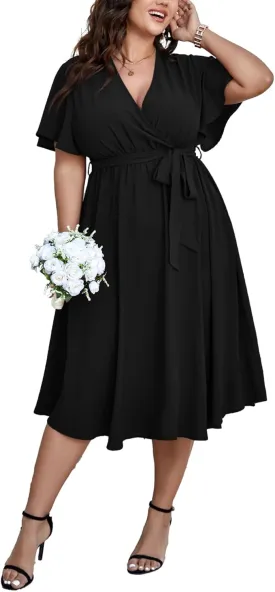 SCOMCHIC Womens Plus Size Wedding Guest Cocktail Midi Dress Summer Short Sleeve Wrap V Neck Belted A-Line Flowy Dress