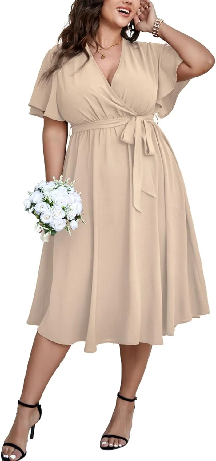 SCOMCHIC Womens Plus Size Wedding Guest Cocktail Midi Dress Summer Short Sleeve Wrap V Neck Belted A-Line Flowy Dress