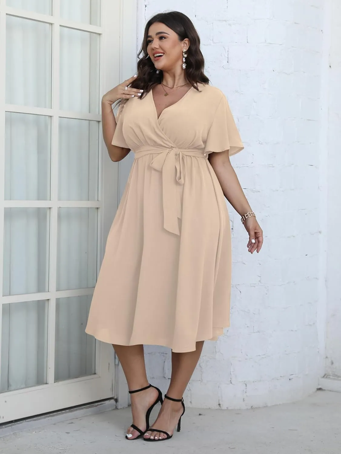 SCOMCHIC Womens Plus Size Wedding Guest Cocktail Midi Dress Summer Short Sleeve Wrap V Neck Belted A-Line Flowy Dress