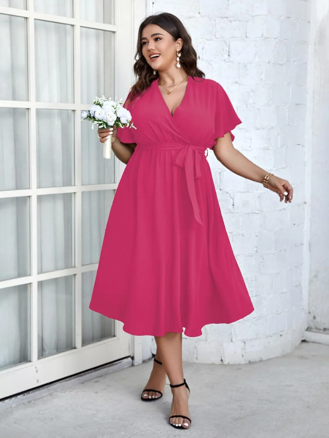 SCOMCHIC Womens Plus Size Wedding Guest Cocktail Midi Dress Summer Short Sleeve Wrap V Neck Belted A-Line Flowy Dress