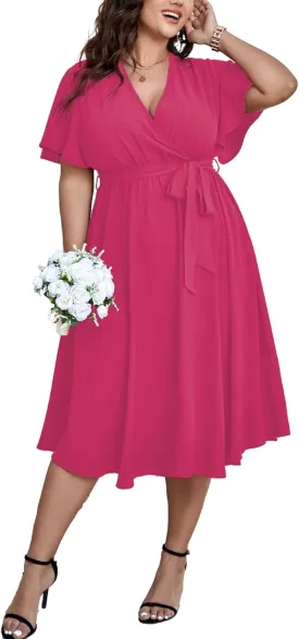SCOMCHIC Womens Plus Size Wedding Guest Cocktail Midi Dress Summer Short Sleeve Wrap V Neck Belted A-Line Flowy Dress