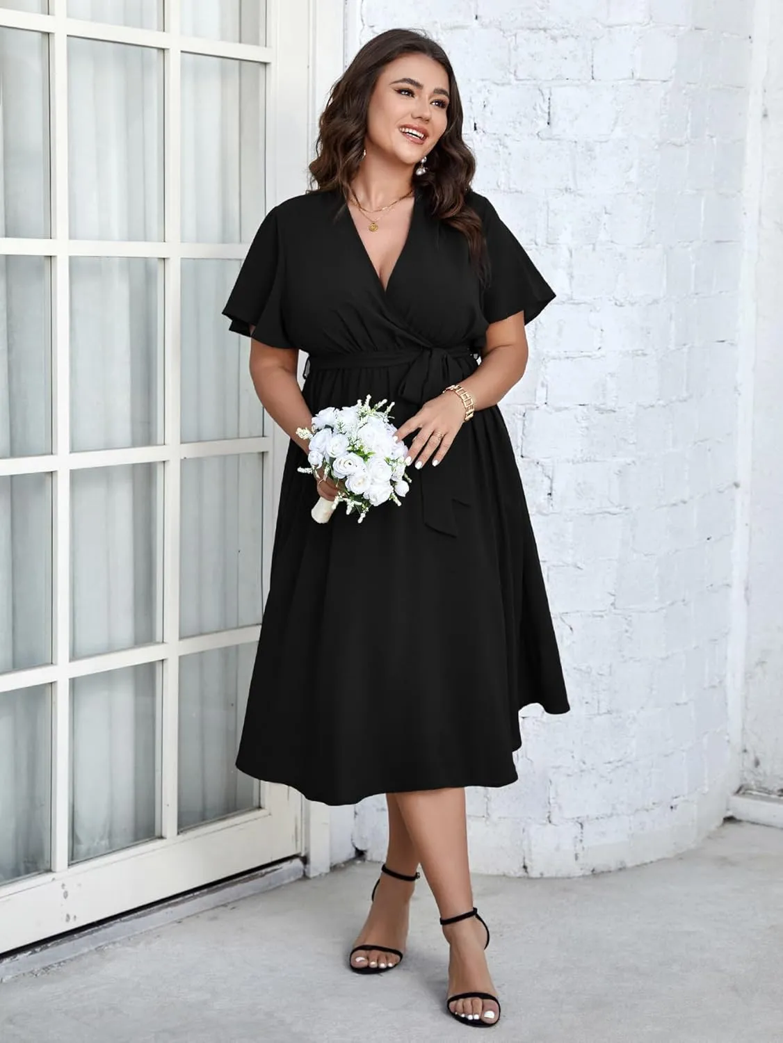 SCOMCHIC Womens Plus Size Wedding Guest Cocktail Midi Dress Summer Short Sleeve Wrap V Neck Belted A-Line Flowy Dress