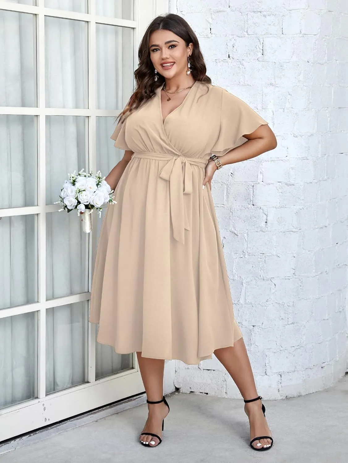 SCOMCHIC Womens Plus Size Wedding Guest Cocktail Midi Dress Summer Short Sleeve Wrap V Neck Belted A-Line Flowy Dress