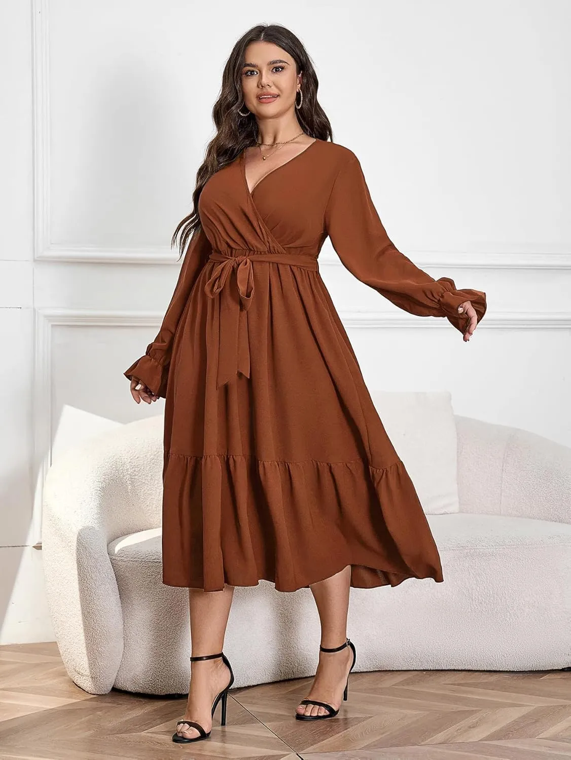 SCOMCHIC Womens Plus Size Wedding Guest Dresses Long Sleeve Faux Wrap V Neck Belted A-Line Flowy Maxi Cocktail Dress