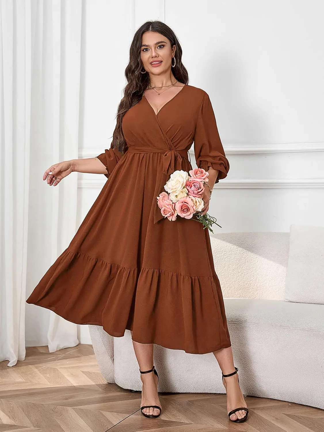 SCOMCHIC Womens Plus Size Wedding Guest Dresses Long Sleeve Faux Wrap V Neck Belted A-Line Flowy Maxi Cocktail Dress