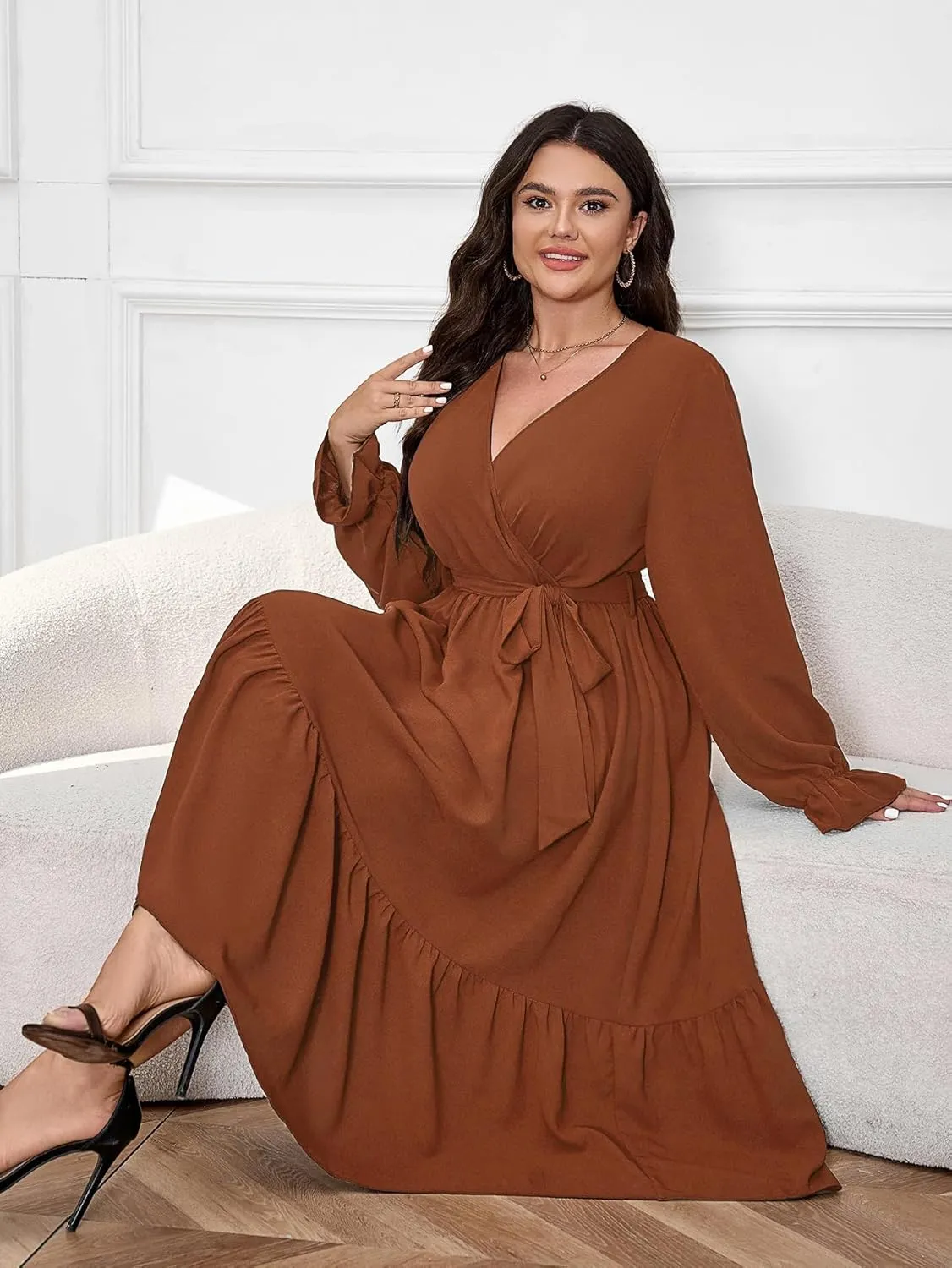 SCOMCHIC Womens Plus Size Wedding Guest Dresses Long Sleeve Faux Wrap V Neck Belted A-Line Flowy Maxi Cocktail Dress
