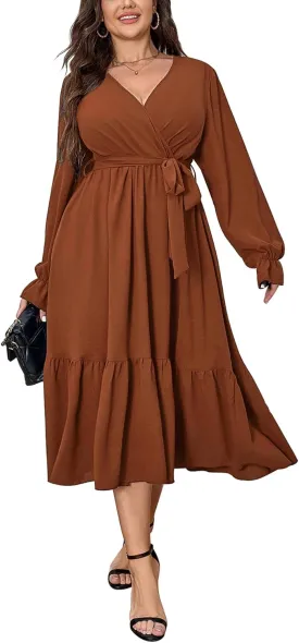SCOMCHIC Womens Plus Size Wedding Guest Dresses Long Sleeve Faux Wrap V Neck Belted A-Line Flowy Maxi Cocktail Dress