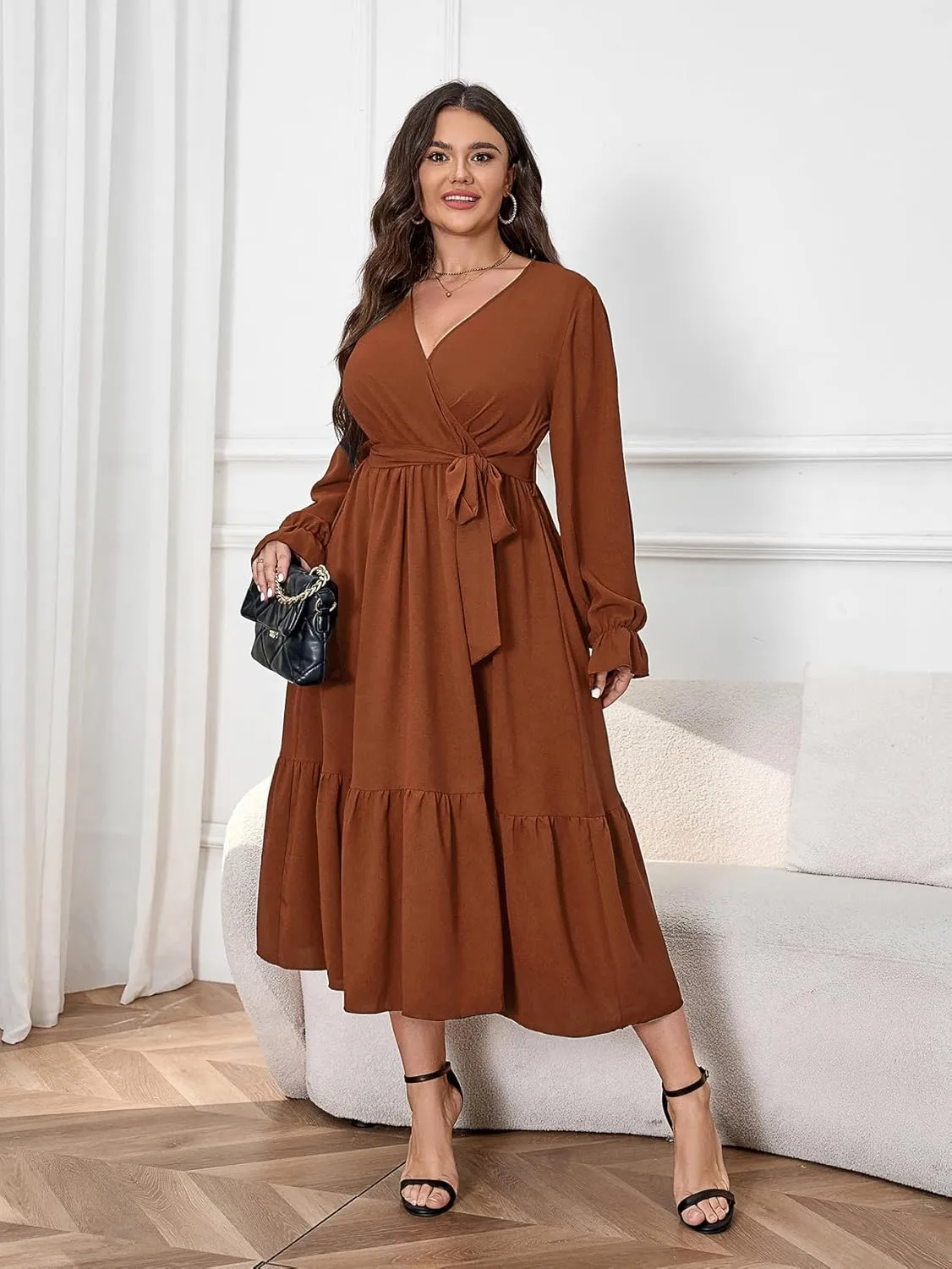 SCOMCHIC Womens Plus Size Wedding Guest Dresses Long Sleeve Faux Wrap V Neck Belted A-Line Flowy Maxi Cocktail Dress