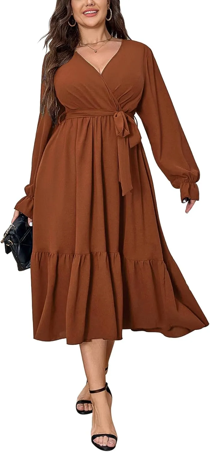 SCOMCHIC Womens Plus Size Wedding Guest Dresses Long Sleeve Faux Wrap V Neck Belted A-Line Flowy Maxi Cocktail Dress