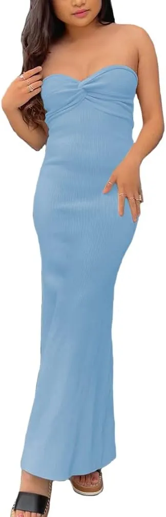 Sdencin Women Sexy Twist Knot Front Ribbed Knit Bodycon Bandeau Tube Dress Casual Solid Strapless Maxi Long Dress