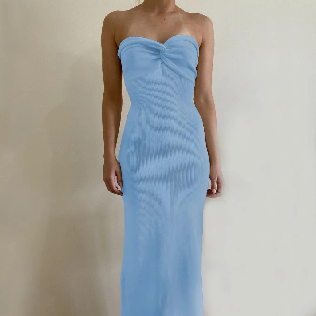 Sdencin Women Sexy Twist Knot Front Ribbed Knit Bodycon Bandeau Tube Dress Casual Solid Strapless Maxi Long Dress