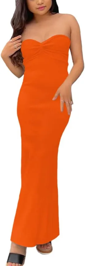 Sdencin Women Sexy Twist Knot Front Ribbed Knit Bodycon Bandeau Tube Dress Casual Solid Strapless Maxi Long Dress
