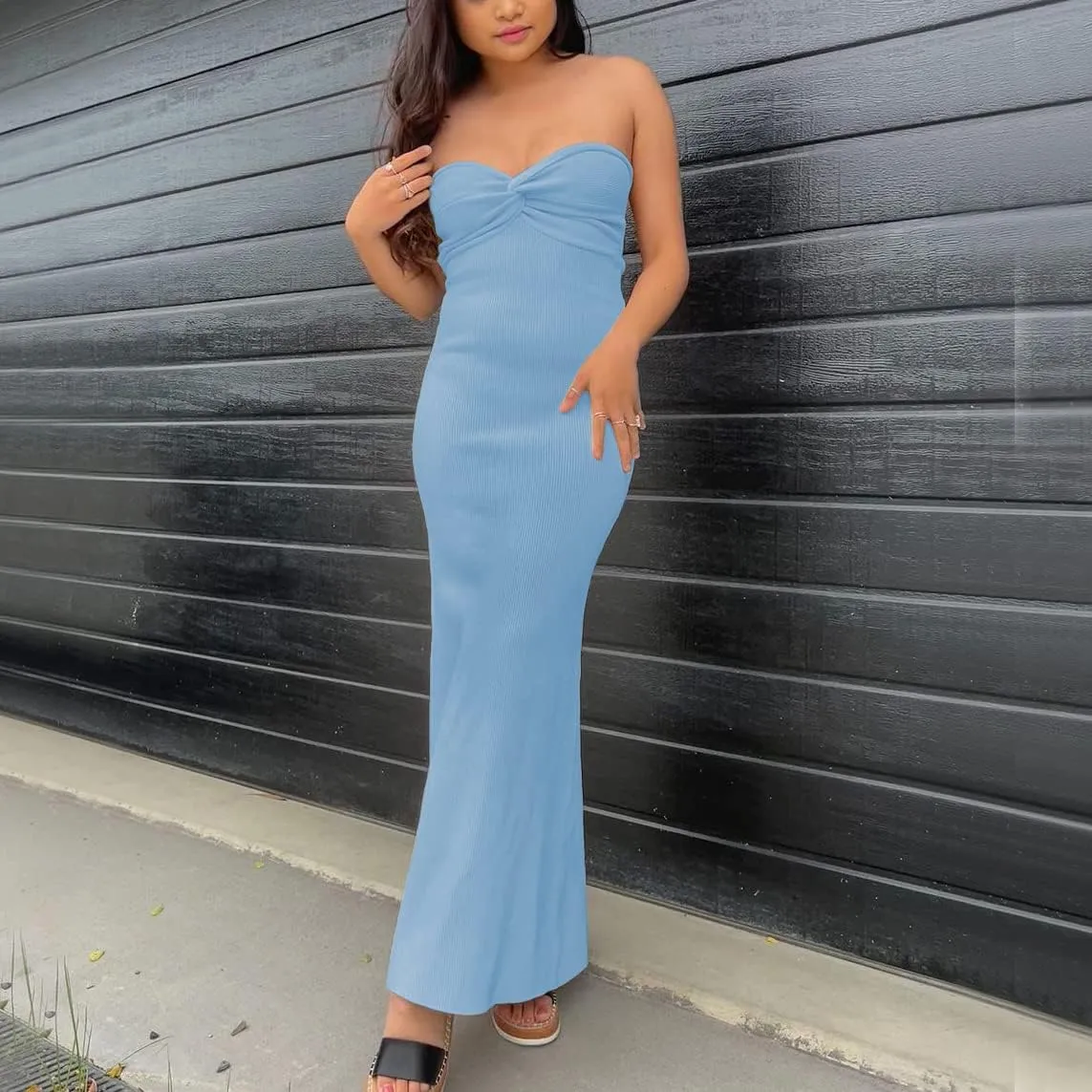 Sdencin Women Sexy Twist Knot Front Ribbed Knit Bodycon Bandeau Tube Dress Casual Solid Strapless Maxi Long Dress